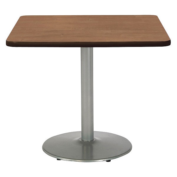 Square KFI Mode 42" Square Breakroom Table with River Cherry Top, Round Silver Base, Counter Height
