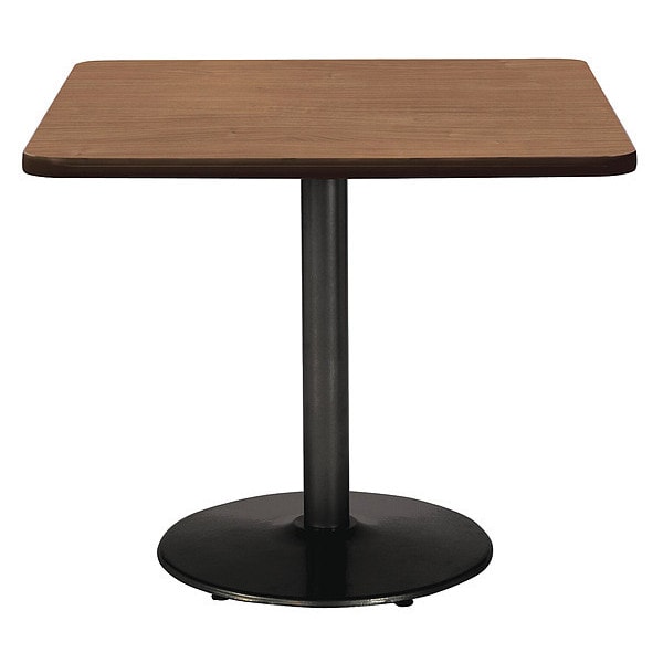 Square KFI Mode 42" Square Breakroom Table with River Cherry Top, Round Black Base, Counter Height