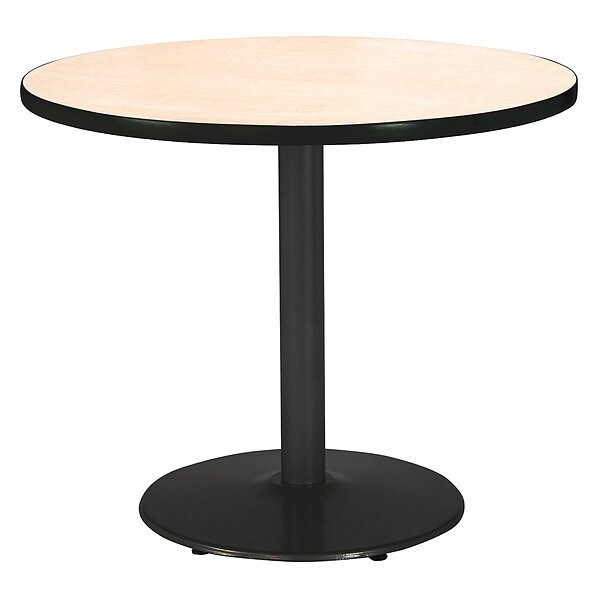 Round KFI 42" Round Breakroom Table with Natural Top, Round Black Base, 42 W, 42 L, 29 H, Laminate
