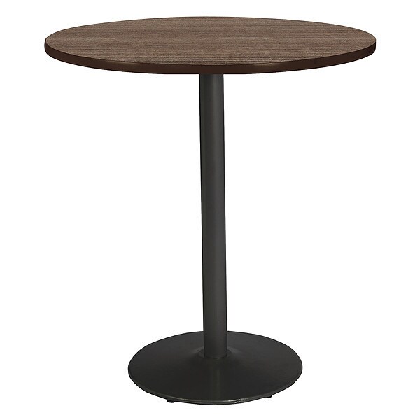 Round KFI Mode 42" Round Top Breakroom Table, Studio Teak Finish, Round Black Base, Bistro Height
