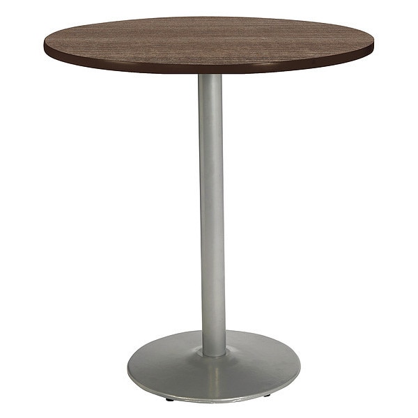 Round KFI Mode 42" Round Top Breakroom Table, Studio Teak Finish, Round Silver Base, Bistro Height
