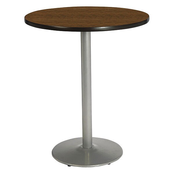 Round KFI Walnut 42in Breakroom Table with Round Silver Base, Walnut, 42 W, 42 L, 42 H, HPL Top