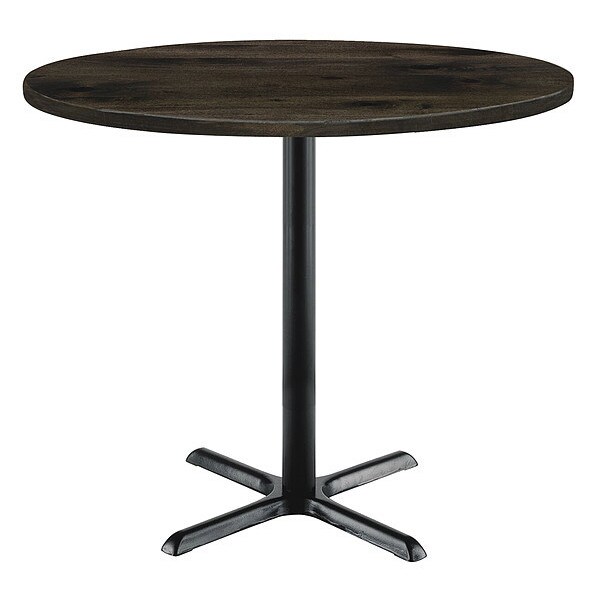 Round KFI Urban Loft 42" Round Top Breakroom Table, Barnwood Finish, Black X Base, Bistro Height