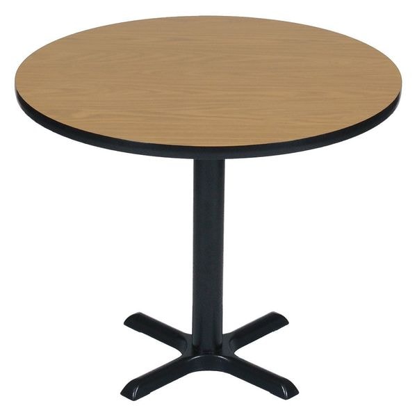 Round Cafe Bistro and Breakroom Pedestal Table, High Pressure Laminate Top, Medium Oak