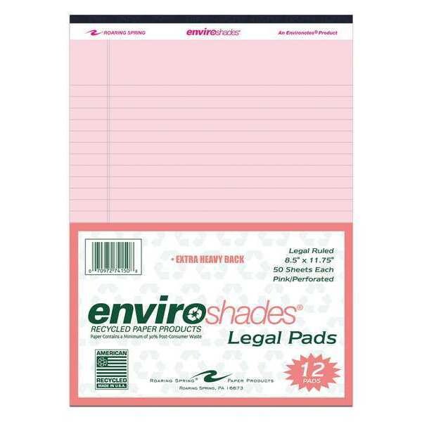 Case of Enviroshades Recycled Pink Legal Pads, 50 Sheets, 8.5"x11", Legal Ruled, Micro-Perforated, PK36