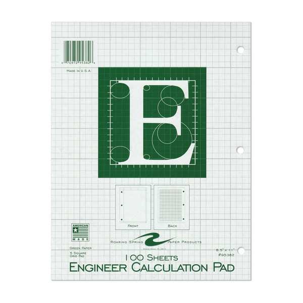 Case of Engineer Pad, 8.5"x11", 100 sht, 5x5 Printed Back Enclosed Grid, Heavy Backing, 3-Hole Punch, PK24