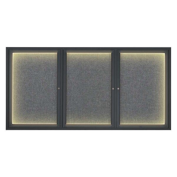 Corkboard, Lghtd, Fbrc, Blk/Gry, 3 Dr, 72x36"