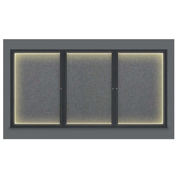 Corkboard, Lghtd, Fbrc, Blk/Gry, 3 Dr, 96x48"