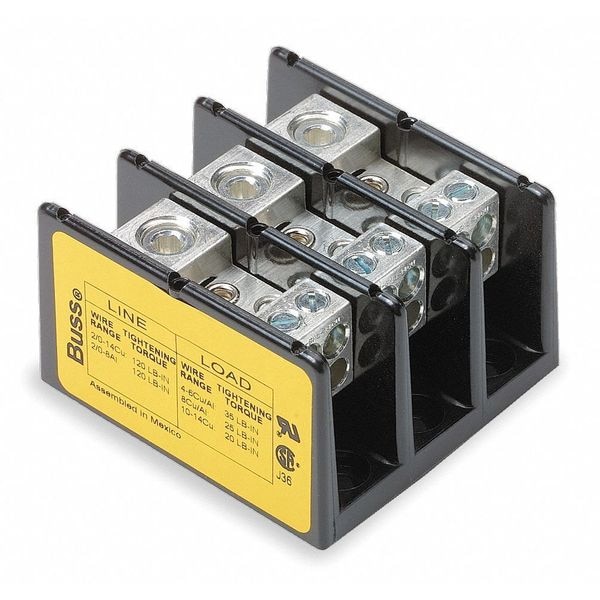 Miniature Distribution Block, 3 Poles, 14 AWG to 2/0 AWG, 175 A, 600 V AC/DC, Black