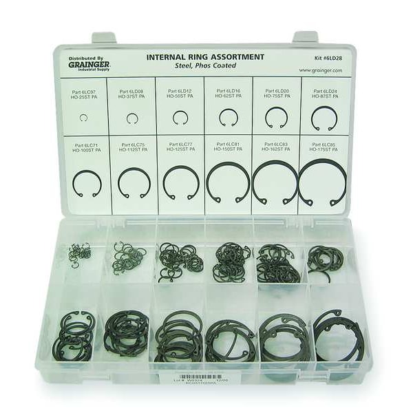 Internal Retaining Ring Assortment, Steel, Phosphate Finish, 180 Pieces
