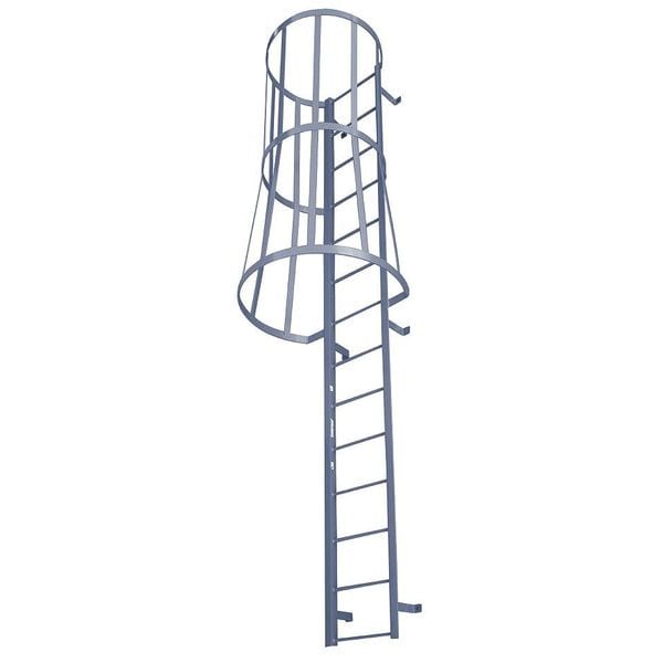 28 ft 3 in Overall H, Fixed Ladder with Safety Cage, Steel, 29 Steps, Top Exit, 300 lb Load Capacity