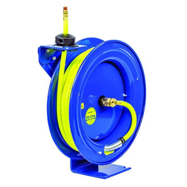 Spring Return Hose Reel, 3/8 in Hose Diameter, 50 ft Length, Brass, Blue