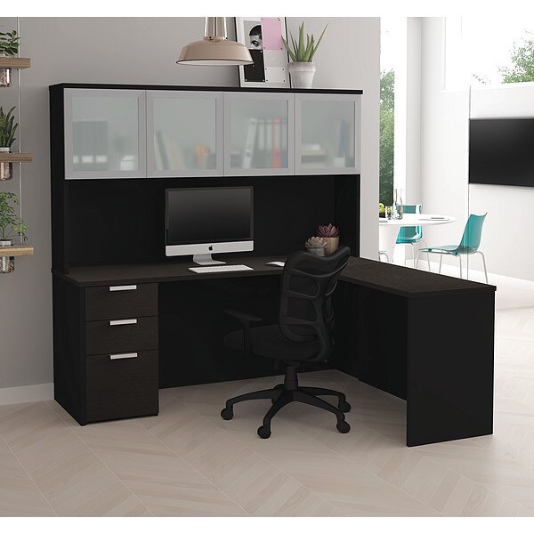 L Shaped Desk L Desk, Glass Door, Hutch Deep, Grey/Black, 62.9" D X 70.1" H, 71.1" W X Melamine
