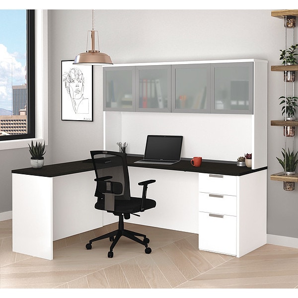 L Shaped Desk L Desk, Glass Door, Hutch, White/Deep Grey, 62.9" D X 70.1" H, 71.1" W X Melamine
