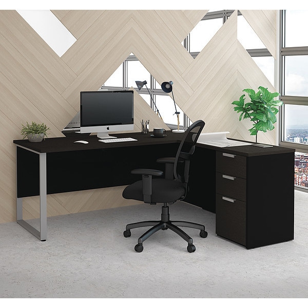 L Shaped Desk L-Desk, Metal Leg, Deep Grey/Black, 68.9" D X 29.7" H, 71.1" W X Melamine