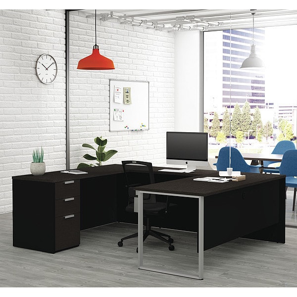 U Shaped Desk Plus U Desk, Pro Concept, Deep Grey/Black, 92.4" D X 29.7" H, 71.1" W X Melamine