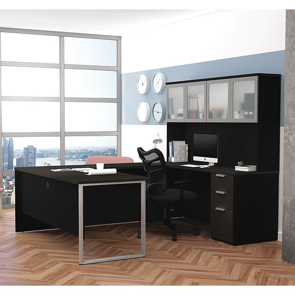 U Shaped Desk U Desk, Glass Door, Deep Grey, Black, 92.4" D X 70.1" H, 71.1" W X Melamine
