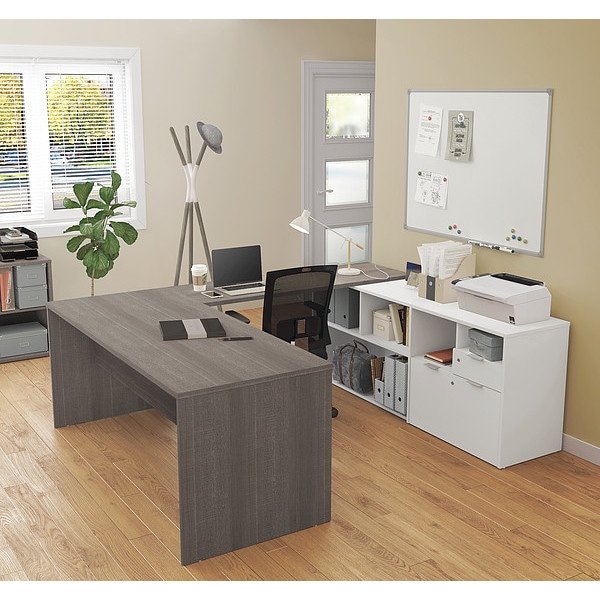 U Shaped Desk U Desk, 2 Drawers, Bark, Gray, White, 88.6" D X 29.6" H, 71.1" W X Melamine
