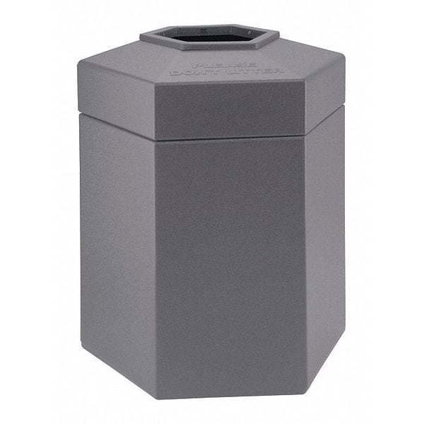 PolyTec Trash Container, Large 45-Gallon Large Hex, Open-Top Lid, Gray