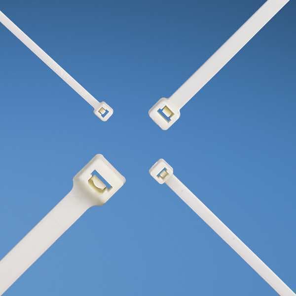 Cable Tie, 4 in L, 7/8 in Max Bundle Dia., White, Nylon 6/6, 18 lb Strength, 1000 PK