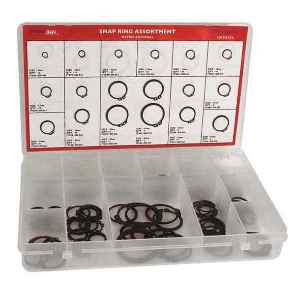 External Retaining Ring Assortment, Carbon Spring Steel, Phosphate Finish, 150 Pieces