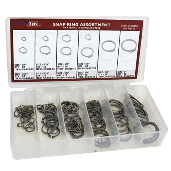 External Retaining Ring Assortment, Stainless Steel, 100 Pieces