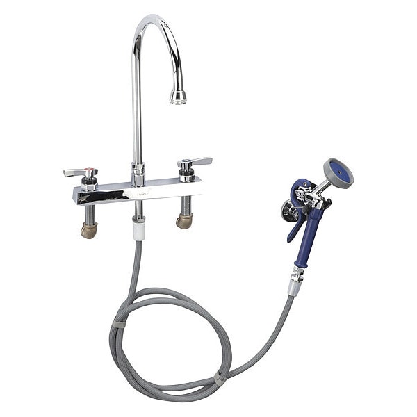 Encore 8" OC Deck Mount Veterinary Faucet 96" Braided Hose with Lightweight Aluminum Side Sprayer and 4" Wrist Blade Handles