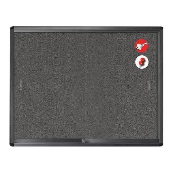 Enclosed Locking Sliding Doors Bulletin Board, Wall Mount, 38"x45", Gray Fabric, Black Frame