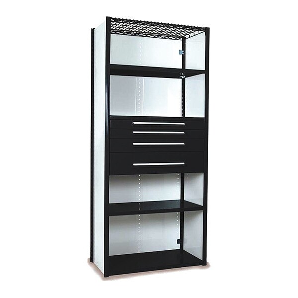 V-Grip Shelving W/ 4Drwrs/5Shlvs 7x2x3, Strtr, 3", 4.5", 6", 7.5" Drwrs, BK