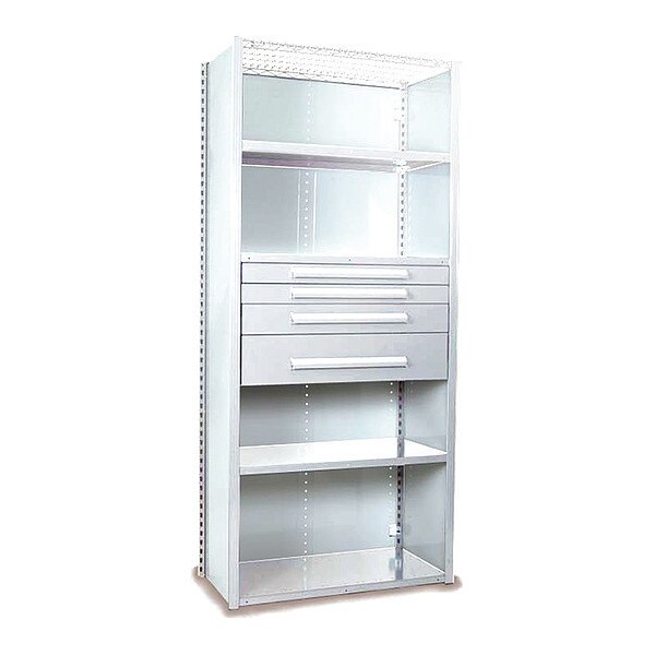 V-Grip Shelving W/ 4Drwrs/5Shlvs 7x2x4, Strtr, (2)3", 4.5", 7.5"Drwrs, WH, Height: 84"