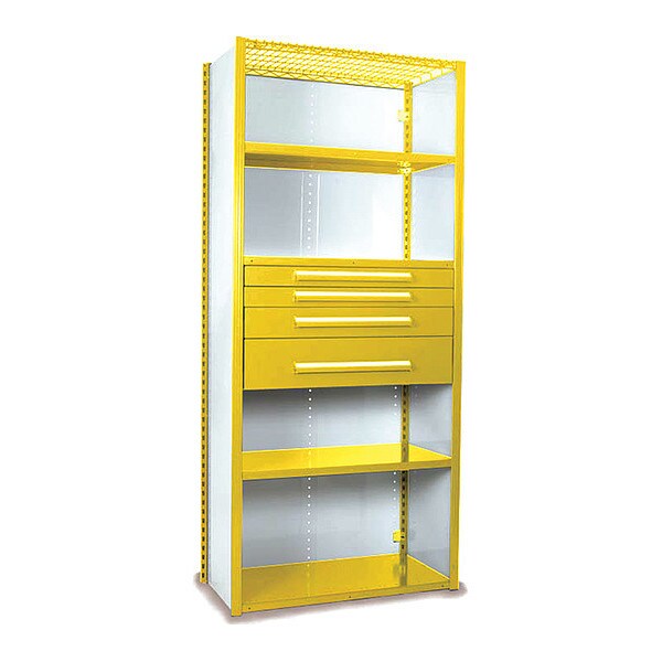 V-Grip Shelving W/ 4Drwrs/5Shlvs 7x2x4, Strtr, (2)3", 4.5", 7.5"Drwrs, YL, Height: 84"