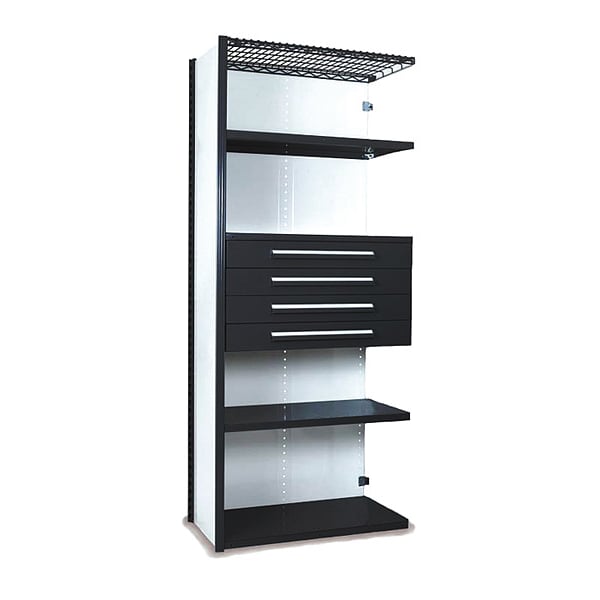 V-Grip Shelving W/ Drawers, 7X1.5X3, BK, Height: 84"