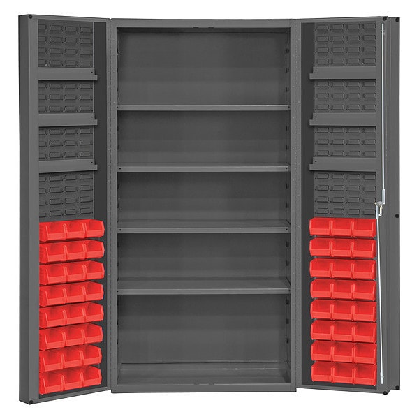 Cabinet with 48 red Hook-On-Bins, 7 adjustable shelves