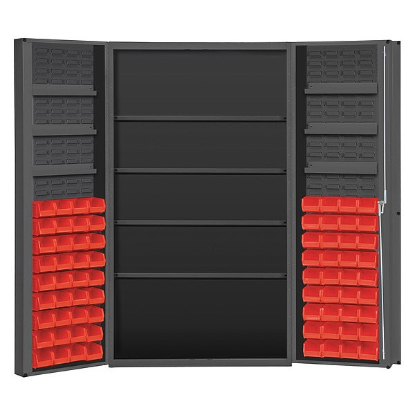 Cabinet with 72 red Hook-On-Bins, 7 adjustable shelves