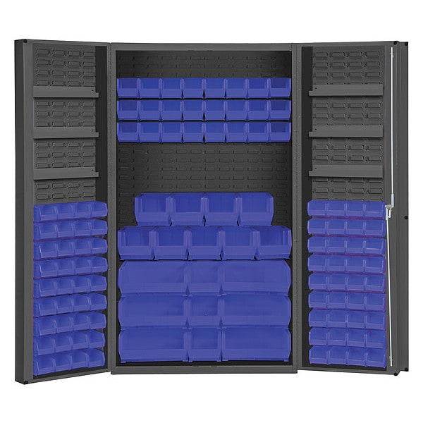 Cabinet with 114 blue Hook-On-Bins, 3 adjustable shelves on each door