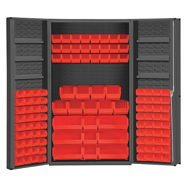 Cabinet with 114 red Hook-On-Bins, 3 adjustable shelves on each door