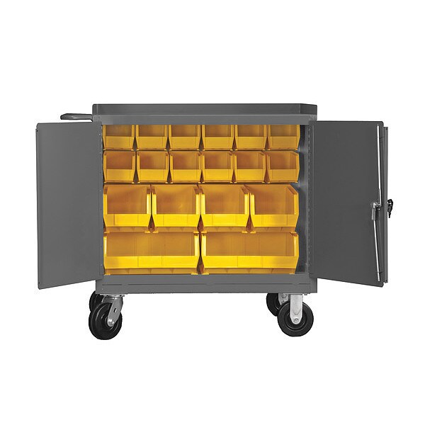 Mobile bench cabinet, louvered panel back, 18 bins, locking doors