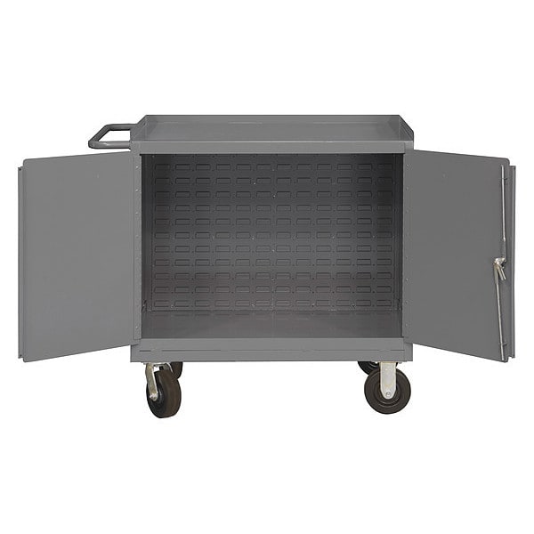 Mobile bench cabinet, louvered panel back, locking doors