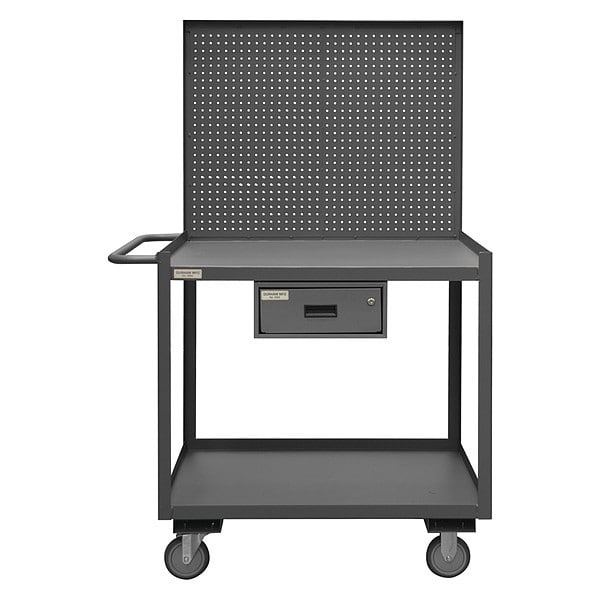 Mobile Workstation, 2 shelf, 1 keyed drawer, pegboard panel, work surface