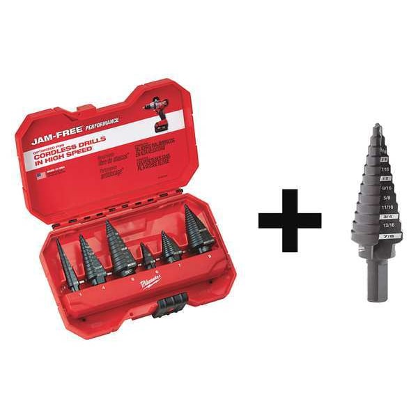 Step Drill Bit Set, 6PC + No. 4 Step Drill Bit, 3/16" - 7/8" by 1/16"