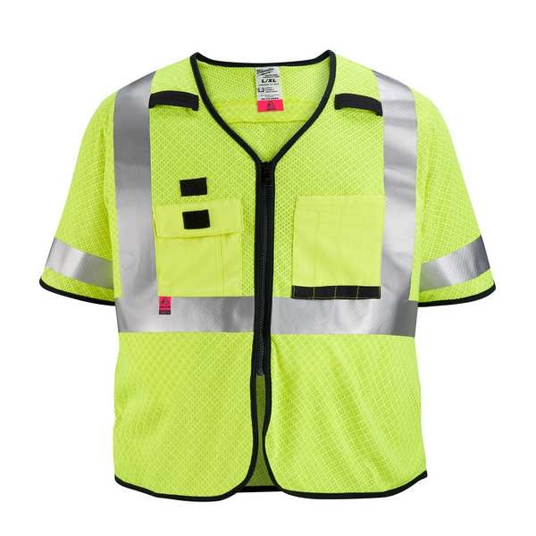 AR/FR Cat.1 High Visibility Vest w/Sleeves 2XL, 3XL Class 3 U Back, , Zipper 10 Pockets, 2 Mic Tab