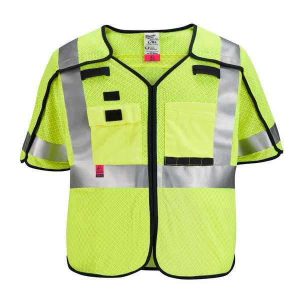 AR/FR Cat.1 High Visibility Vest w/Sleeves 2XL, 3XL Class 3 X Back, , Hook and Loop 10 Pockets, No