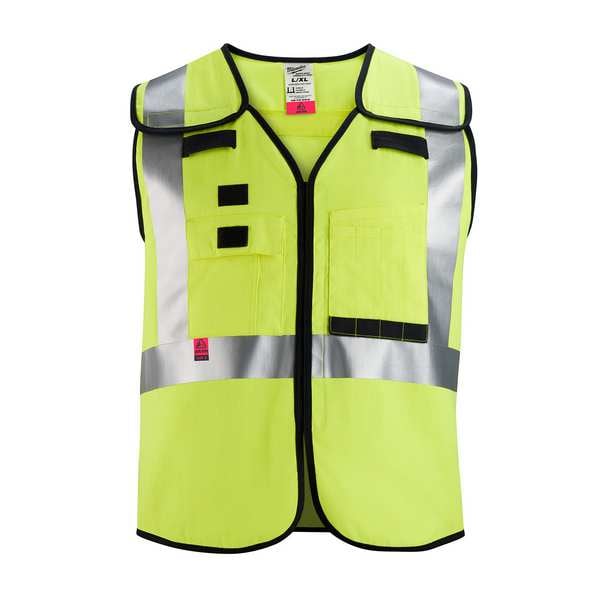 AR/FR Cat.1 High Visibility Vest 2XL, 3XL Class 2 X Back, , Hook and Loop 10 Pockets, 2 Mic Tab, No