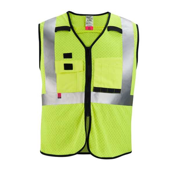 AR/FR Cat.1 High Visibility Vest 2XL/3XL Class 2 U Back, , Zipper 10 Pockets, 2 Mic Tab, No