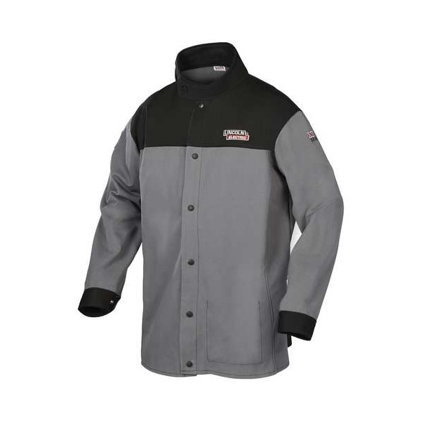 Welding Jacket, Cotton, Fabric, 9 oz, 30 in Length, Button Closure, 1 Pockets, Black/Gray, 2XL