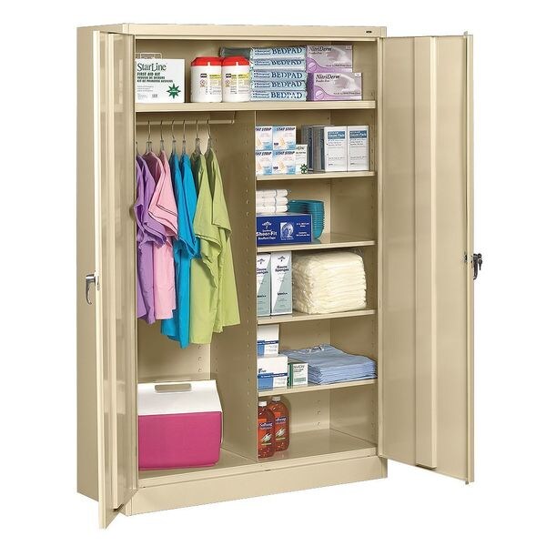 Combo Wardrobe Storage Cabinet, 78 in H, 48 in W, Swing, Keyed, Sand, 6 Shelves, 0 Drawers