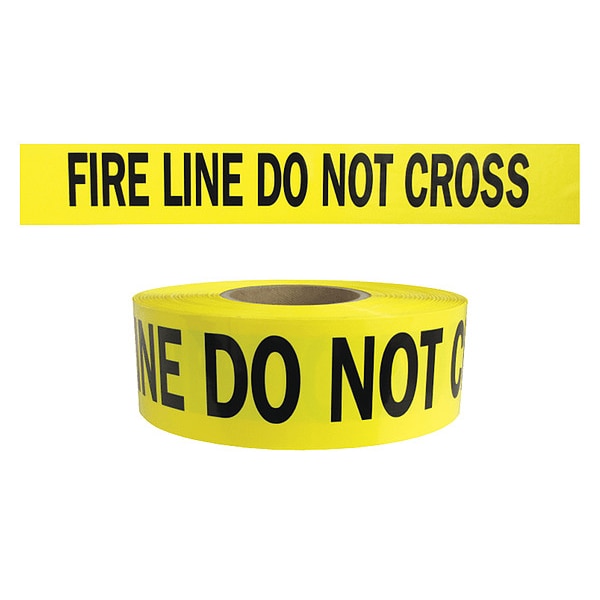 Barricade Tape, Fire Line Do Not Cross, Yellow, 3 in Wide x 1,000 ft Length, Polyethylene, 4 mil