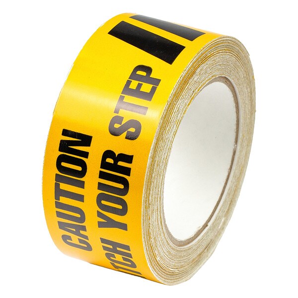 Barricade Tape, Caution Watch Your Step, Black/Yellow, 2 in Wide x 60 ft Length, Vinyl, 4.5 mil
