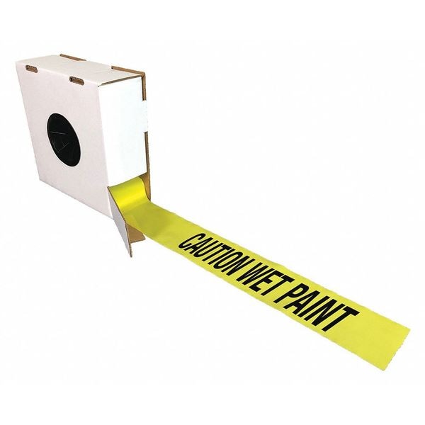 Barricade Tape with Reel, Caution Wet Paint, Yellow, 3 in Wide x 1,000 ft Length, Polyethylene