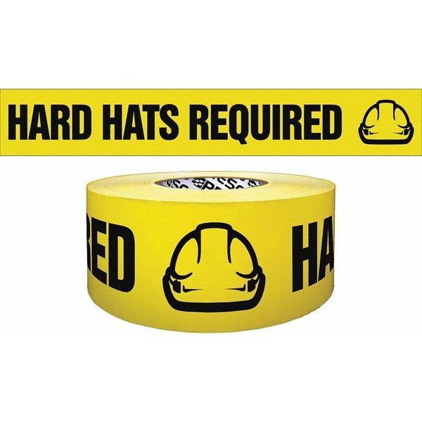 Barricade Tape, Hard Hats Required, Yellow, 3 in Wide x 1,000 ft Length, Polyethylene, 4 mil